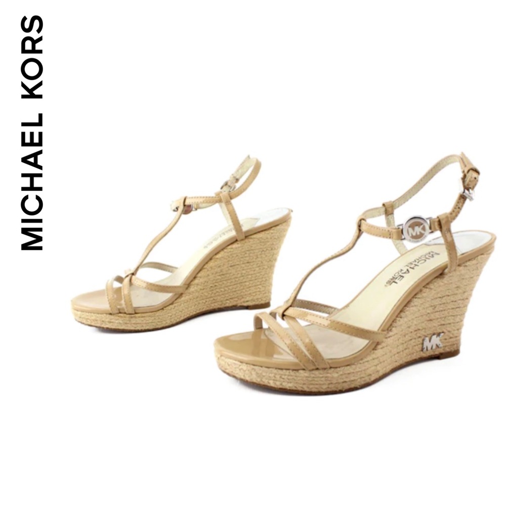 MICHAEL KORS NUDE PATENT RAFFIA WEDGE SANDALS SZ 7